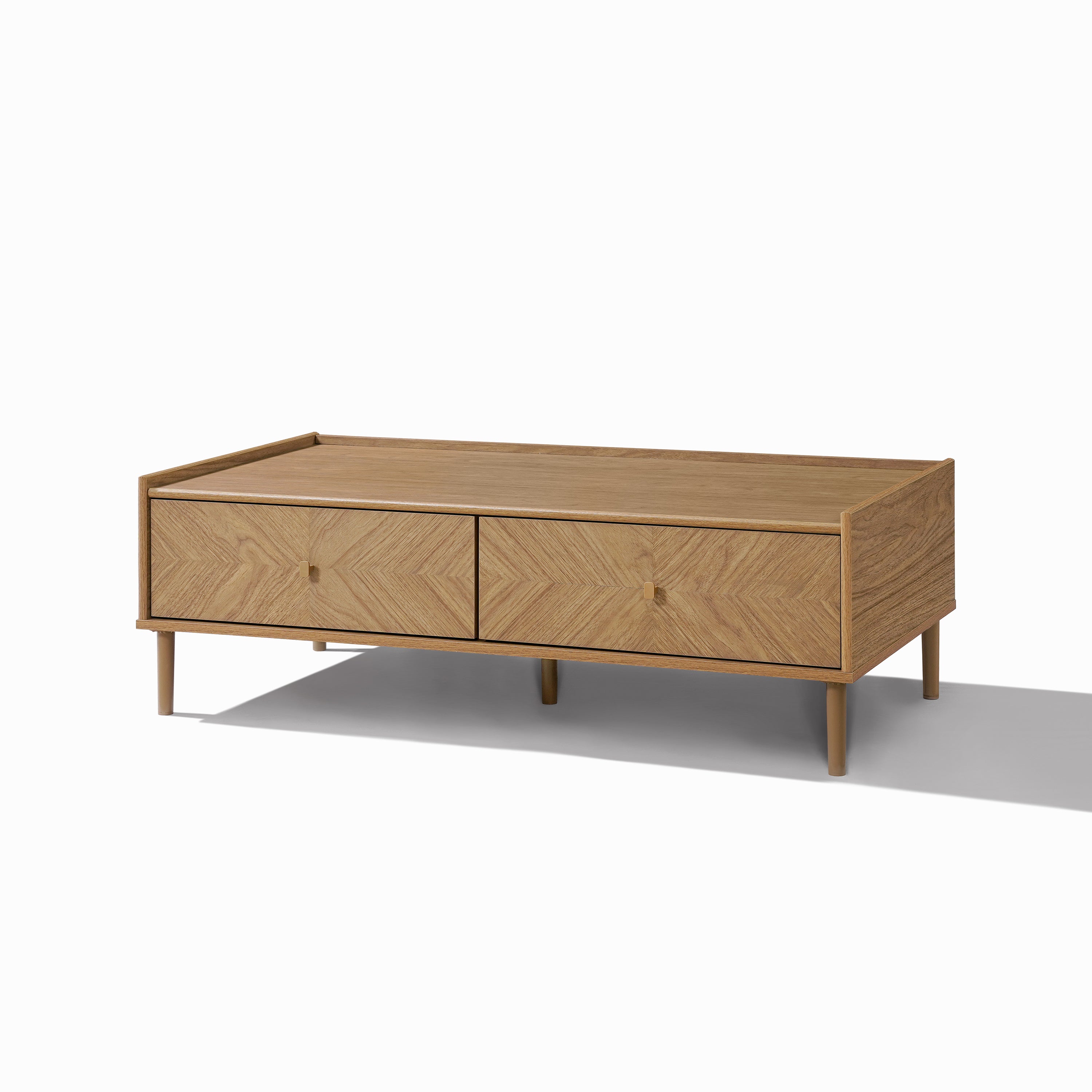 Rectangular Japandi coffee table with two front drawers for storage, four tapered legs, and a natural wood finish.