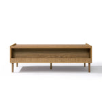 Minimalist wooden bench with four legs and an open shelf beneath the seat, reminiscent of a Japandi coffee table.