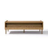 Minimalist wooden bench with four legs and an open shelf beneath the seat, reminiscent of a Japandi coffee table.