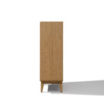 Side view of a modern wood storage cabinet in light oak with a natural finish, standing on four short legs.