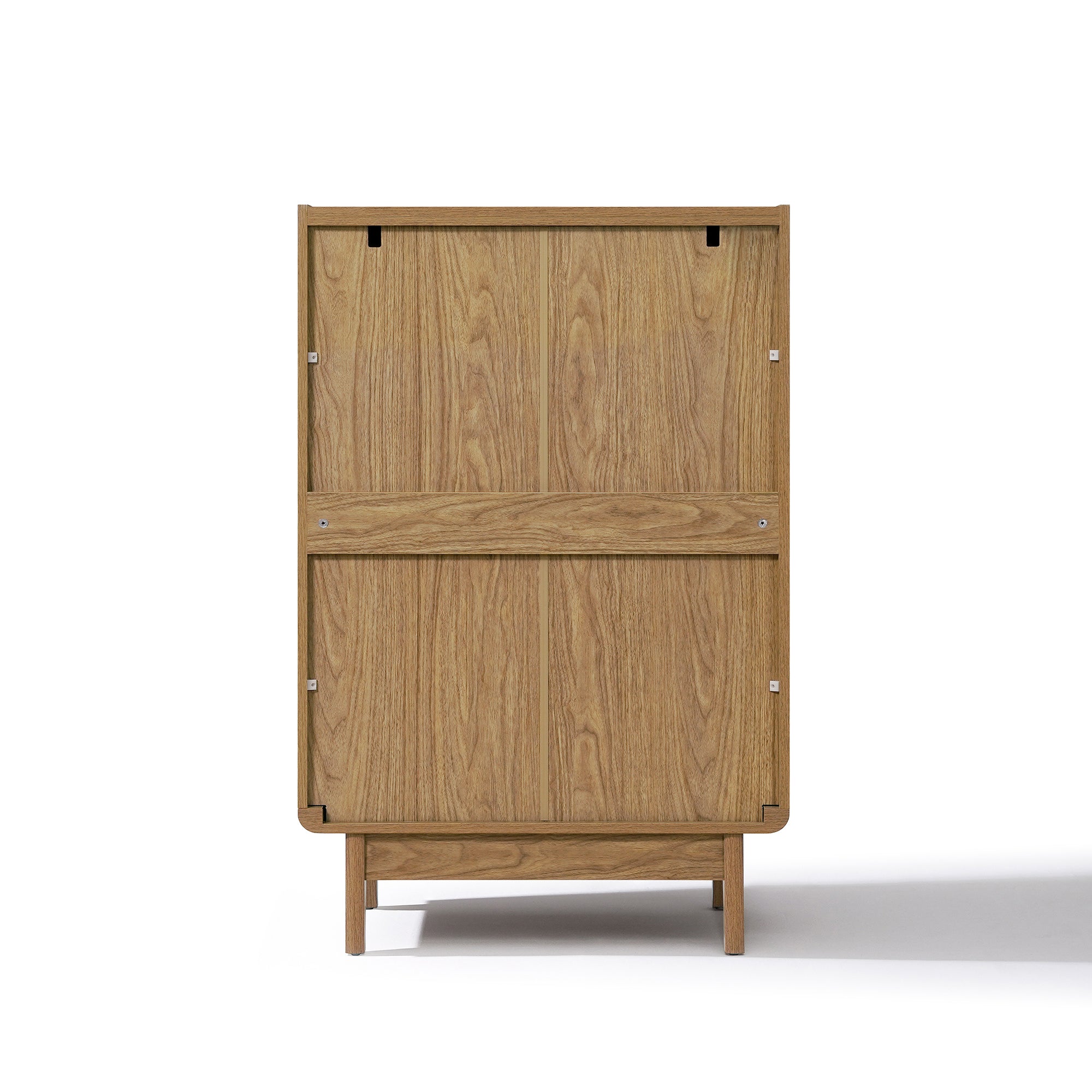 Modern wood storage cabinet with a light oak finish, displaying clean panels and visible screws.