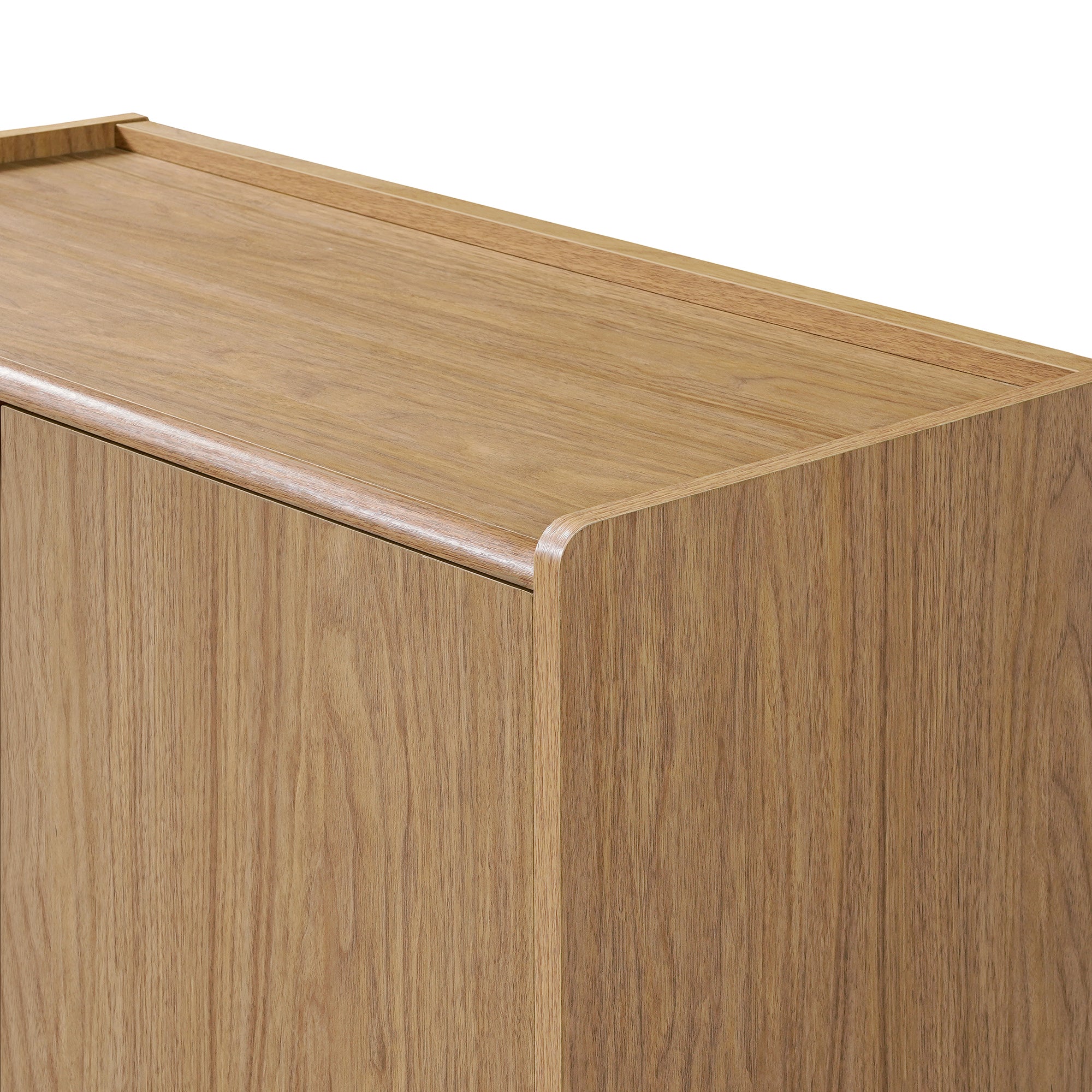 Modern wood storage cabinet with a smooth finish and rounded edges, showing the light oak top and side panels.