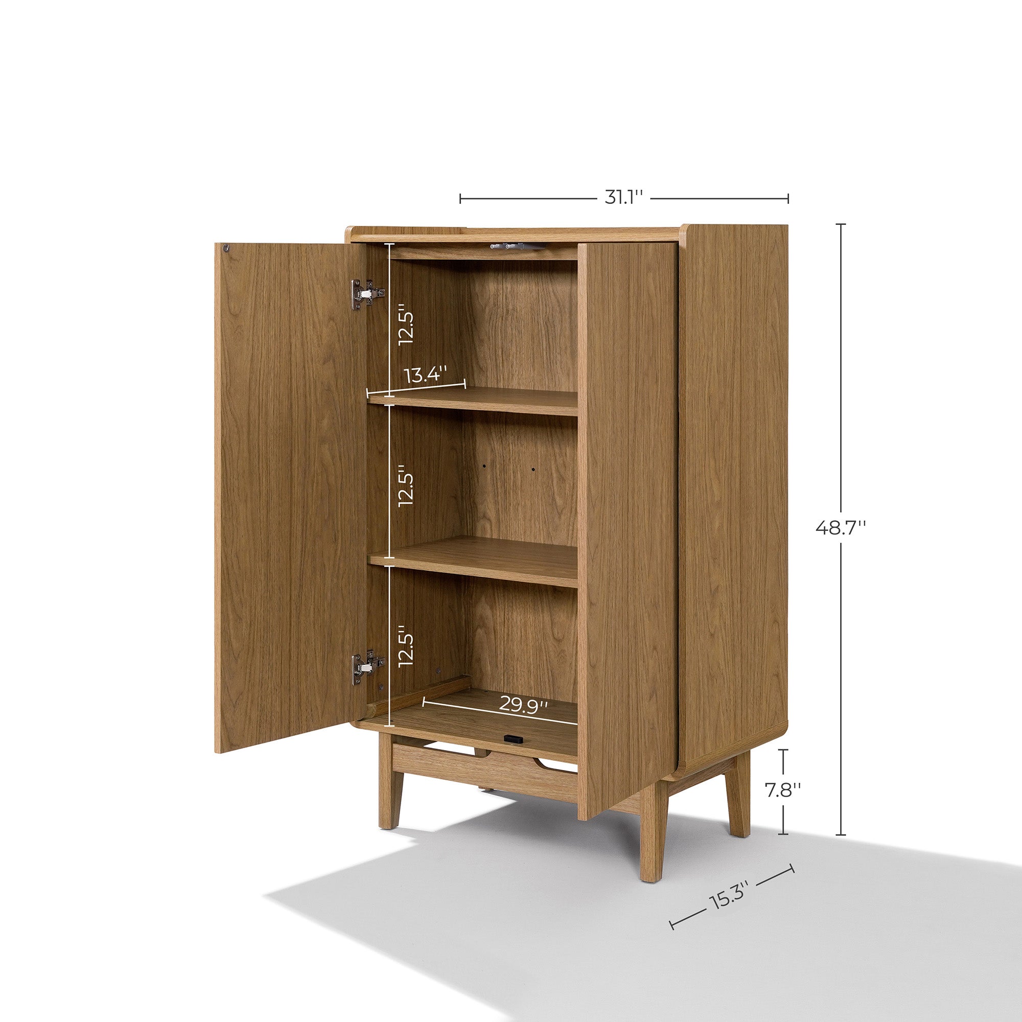Wood storage cabinet featuring two open doors, three shelves. size: 48.7" H, 31.1" W, 15.3" D; shelf heights: 12.5"H.