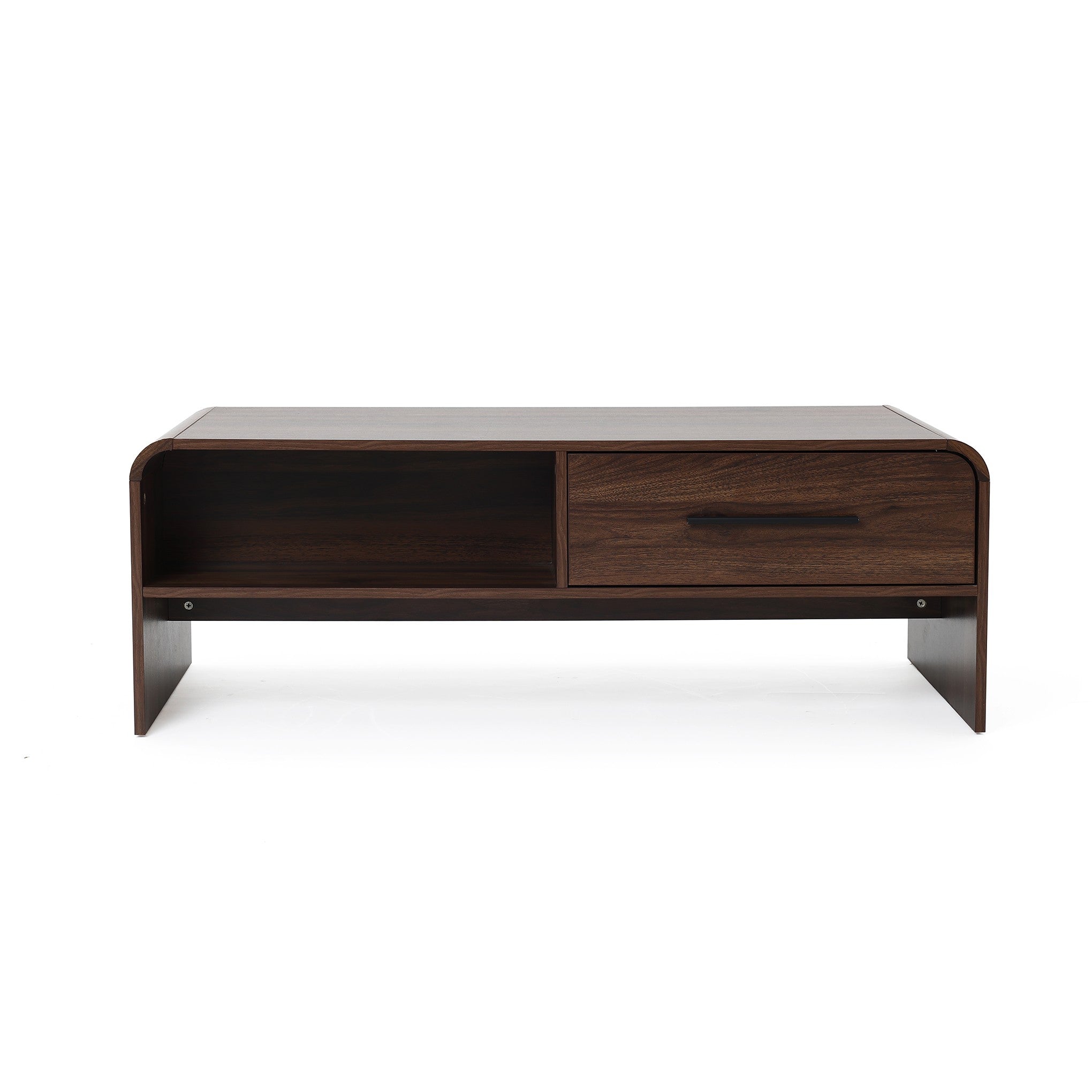 Wooden coffee table features dual-sided storage, one open shelf on the left and a drawer with handle on the right.