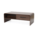 A wooden coffee table. Features dual-sided storage, including an open shelf on the left and a single drawer with a black handle on the right.