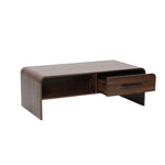 Wooden coffee table organizer with rounded edges, an open compartment on the left and a partially pulled-out drawer on the right.