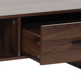 Close-up of a wooden coffee table, with metal screws and a black handle.