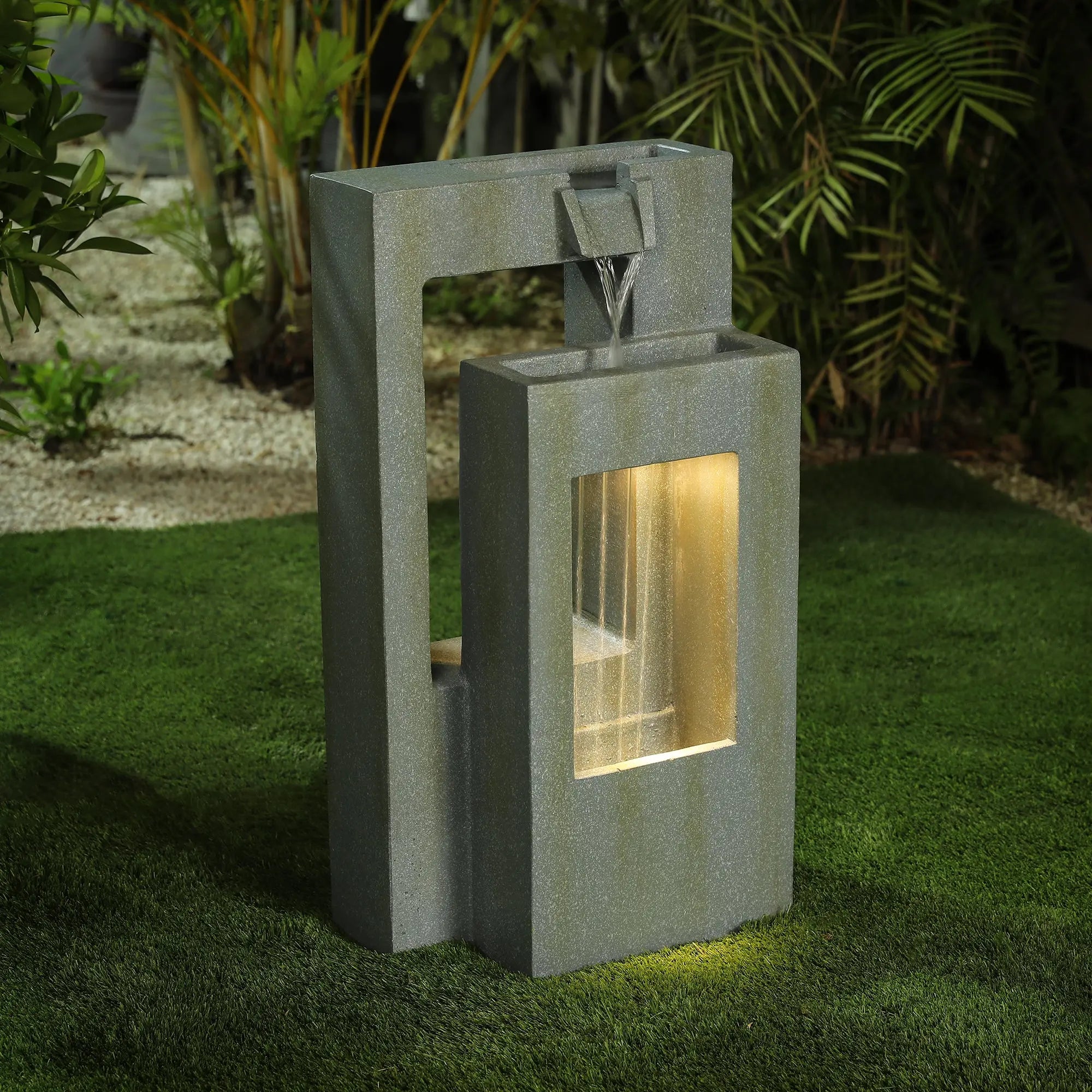 patina-finish-of-gray-and-green-double-column-outdoor-fountain-with-led-lights