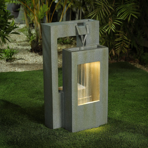 Patina Stone Gray Cement Double Column Outdoor Fountain with LED Lights