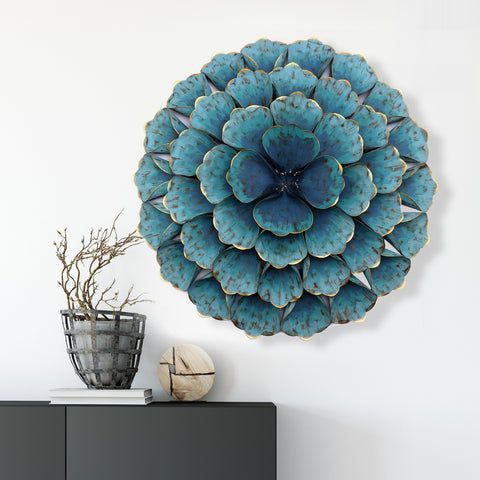 Round Teal Blue Flower Metal Wall Decor
