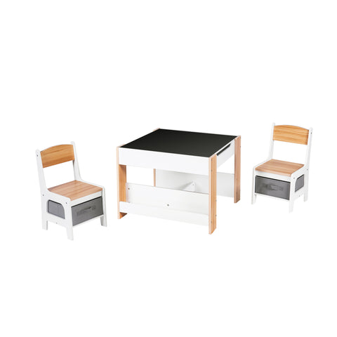 Kids Art Play Activity Table with Storage Shelf and Chair Set with Storage Baskets, White & Gray