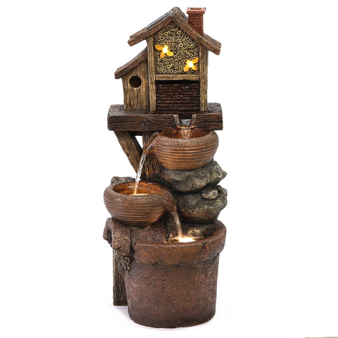 Bowls and Birdhouse Resin Outdoor Fountain with LED Lights