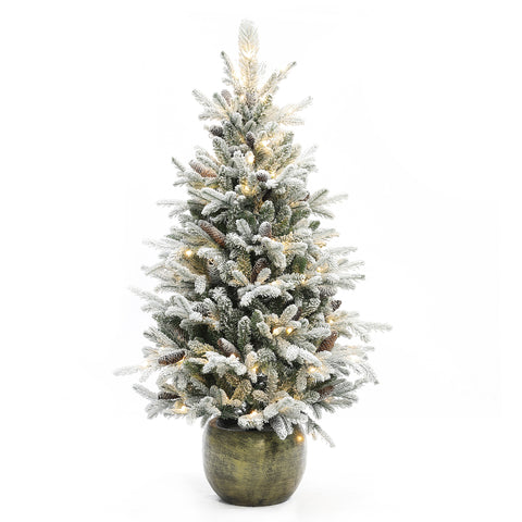4.5Ft Pre-Lit LED Artificial Flocked Pine Tree with Pine Cones and Pot