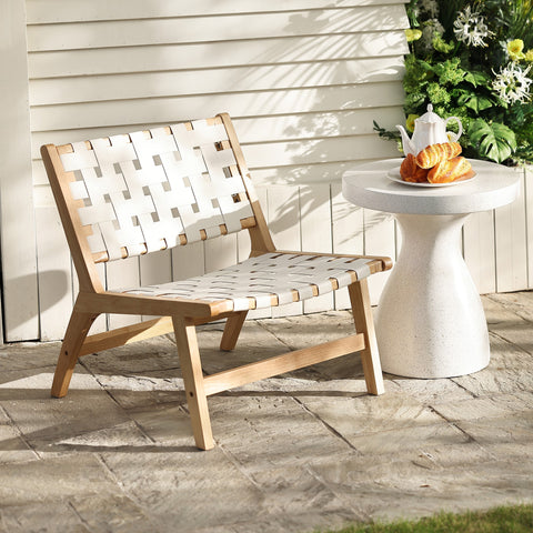 Natural Wood with White Leather Outdoor Patio Chair