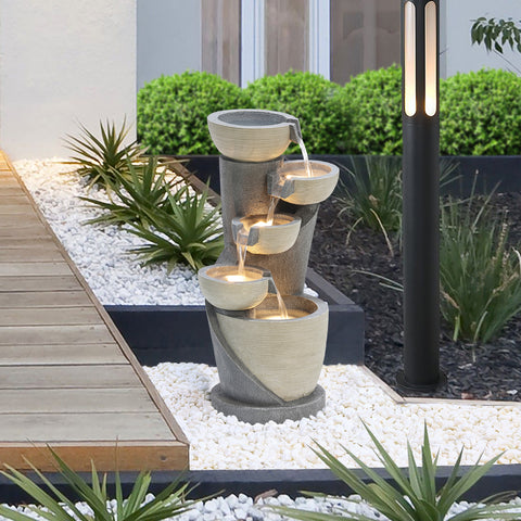 Gray Cascading Bowls and Column Resin Outdoor Fountain with LED Lights
