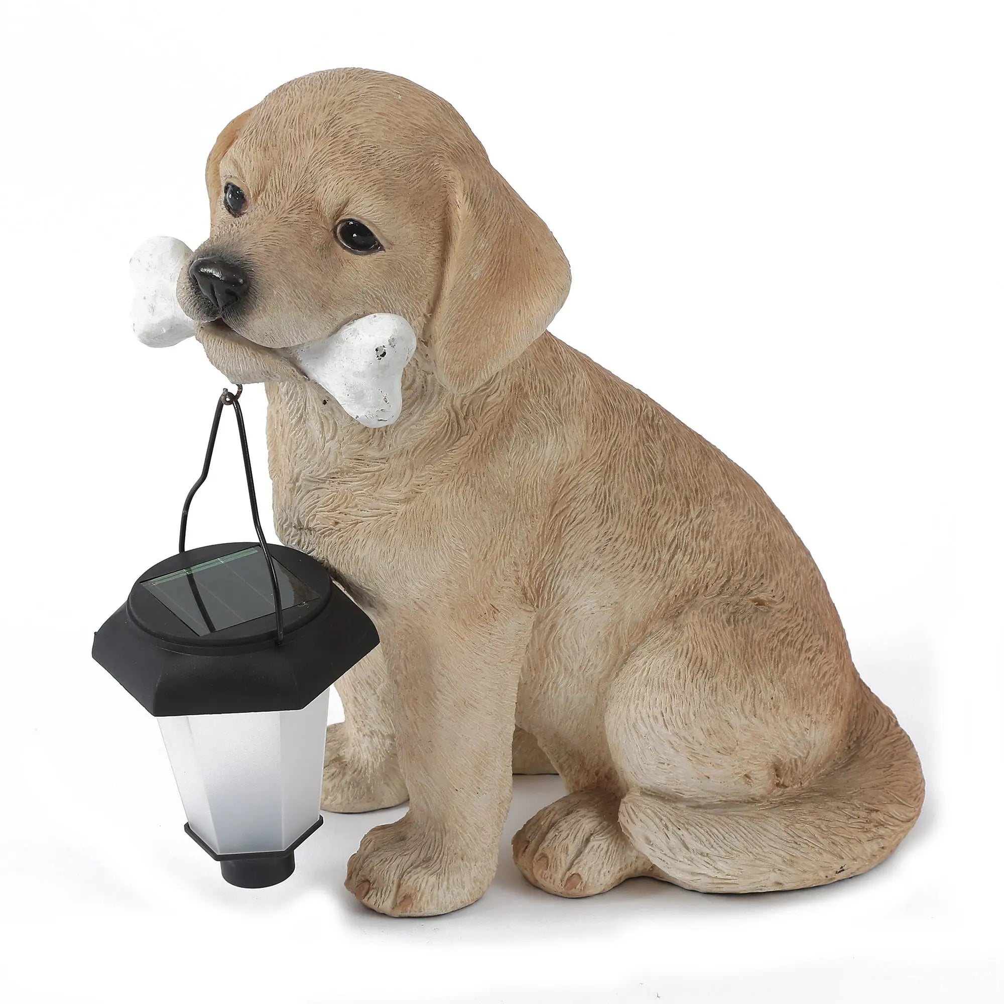 A Labrador puppy garden statue holding a bone and a solar lantern in its mouth—an adorable dog lover gift for any outdoor space.