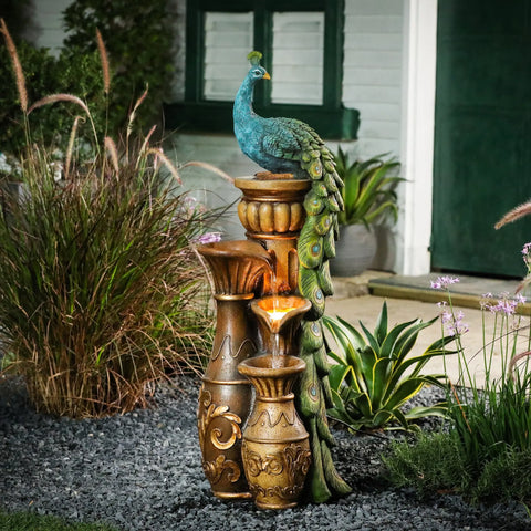 Peacock and Urns Resin Outdoor Fountain with LED Lights