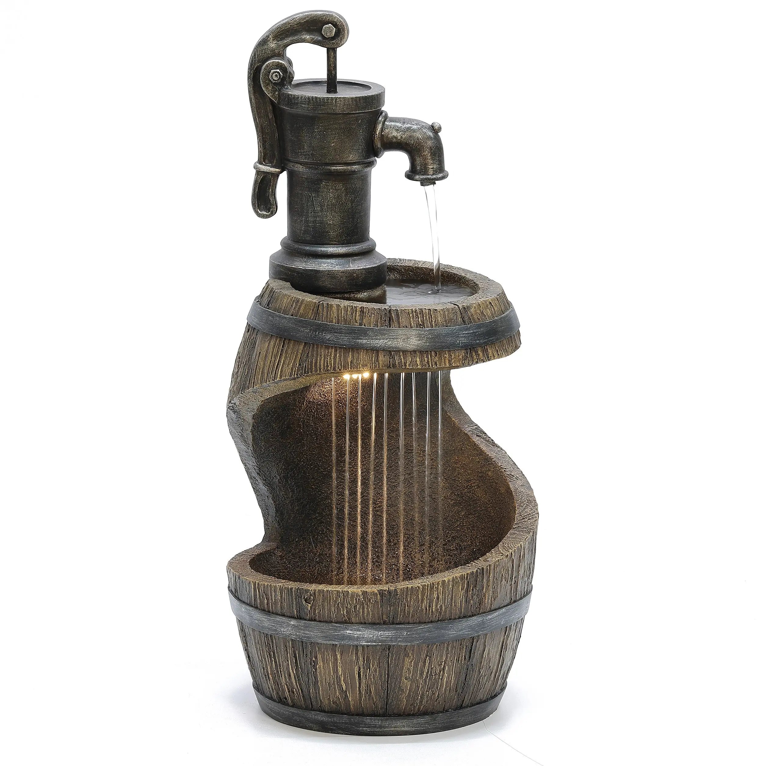 Farmhouse-spiral-barrel-rain-resin-outdoor-fountain-with-led-lights