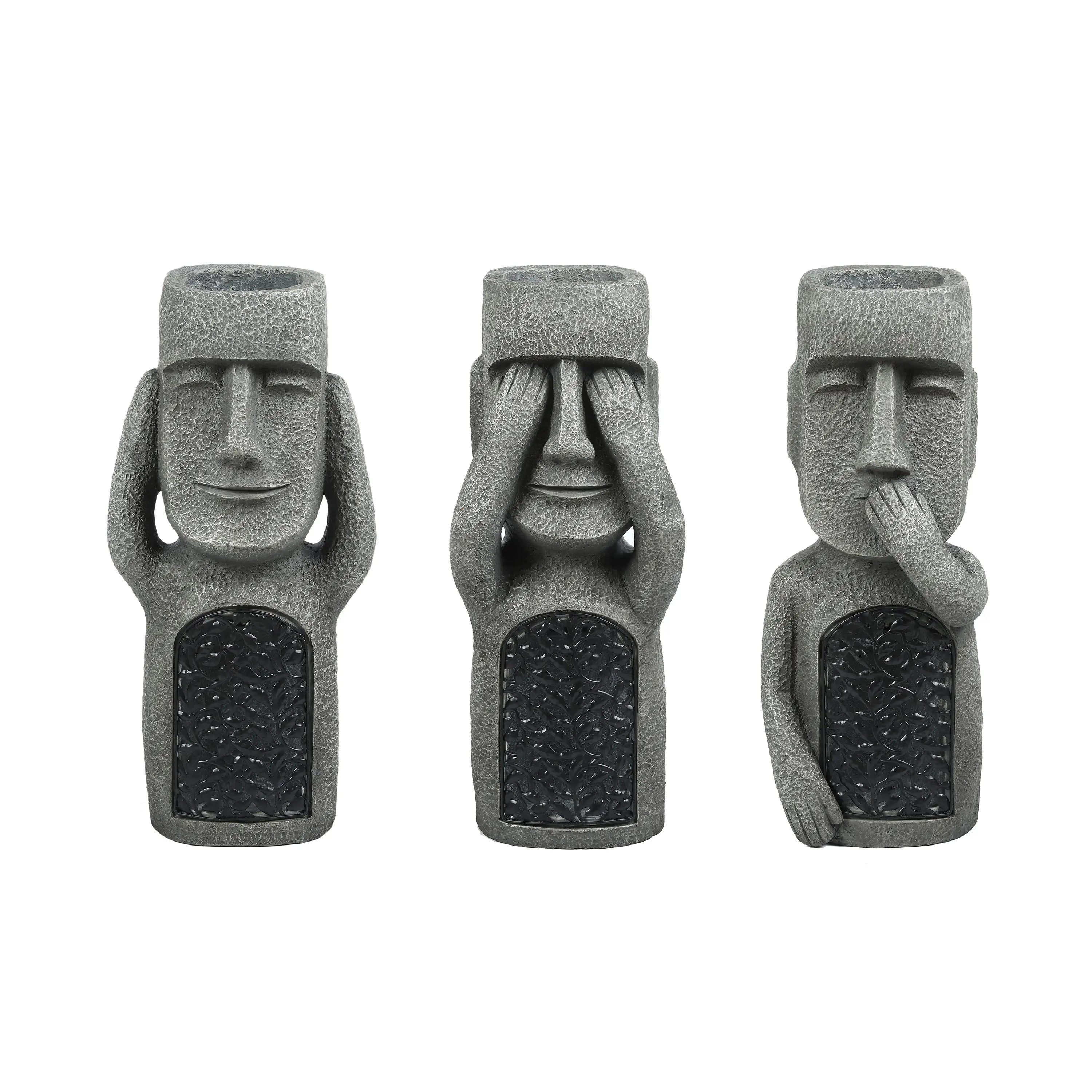 No Evil garden statues, w/solar lights, set of 3 - LuxenHome