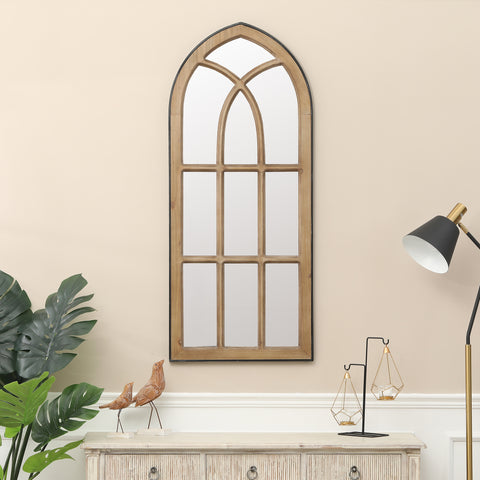 Natural Wood Finish Accent Arched Window Wall Mirror