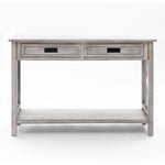 A modern farmhouse console table with two drawers and a lower shelf, finished in light gray, offers spacious storage and style against a white background.