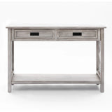 A modern farmhouse console table with two drawers and a lower shelf, finished in light gray, offers spacious storage and style against a white background.