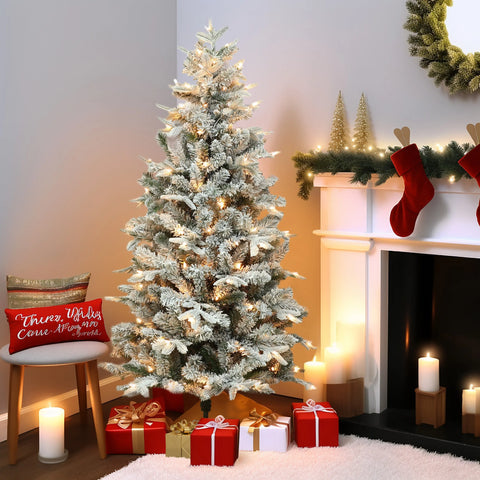 5Ft Pre-Lit Full Artificial Flocked Christmas Tree