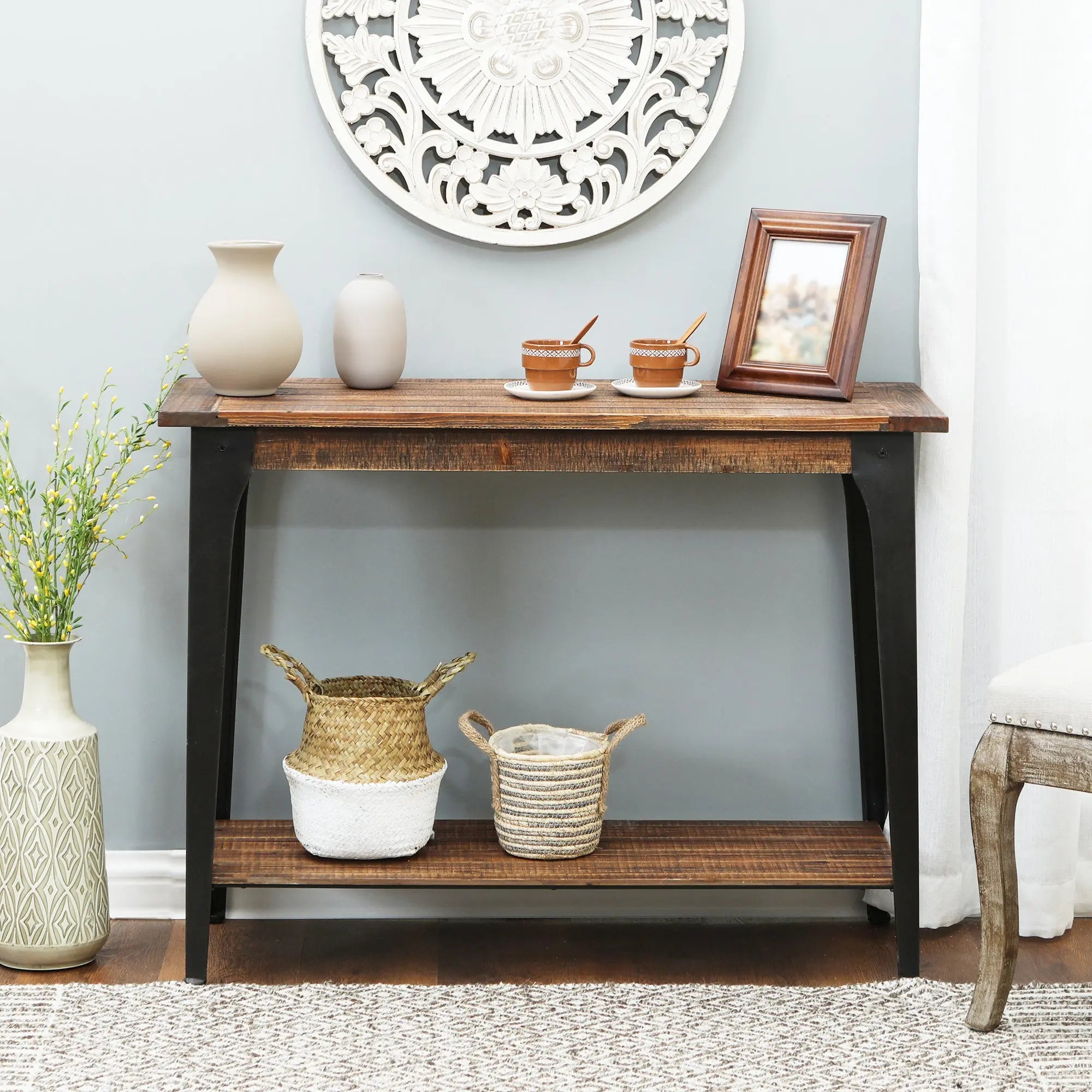 Dark Brown Wood and Black Metal 1-Shelf Console and Entry Table - LuxenHome