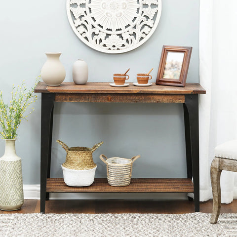 Dark Brown Wood and Black Metal 1-Shelf Console and Entry Table