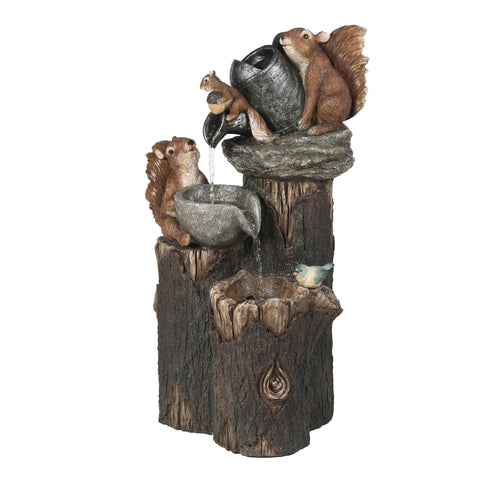 Resin Squirrels on Tree Stumps Outdoor Fountain with LED Light