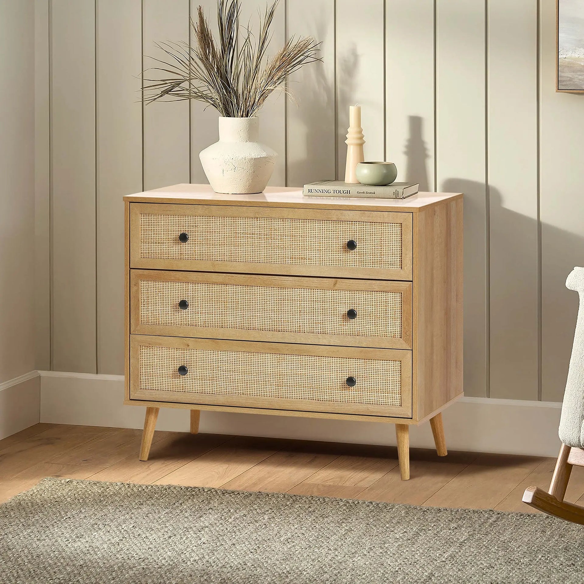 Boho Dresser with Rattan Fronts – 3 Drawer Storage for Bedroom – LuxenHome