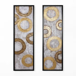 Two rectangular framed artworks, perfect for wall decor, showcase overlapping gold and bronze circular patterns on a textured silver background. This elegant gold metal design effortlessly enhances any home decor with its sophisticated blend of colors and textures.