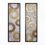 Two rectangular framed artworks, perfect for wall decor, showcase overlapping gold and bronze circular patterns on a textured silver background. This elegant gold metal design effortlessly enhances any home decor with its sophisticated blend of colors and textures.