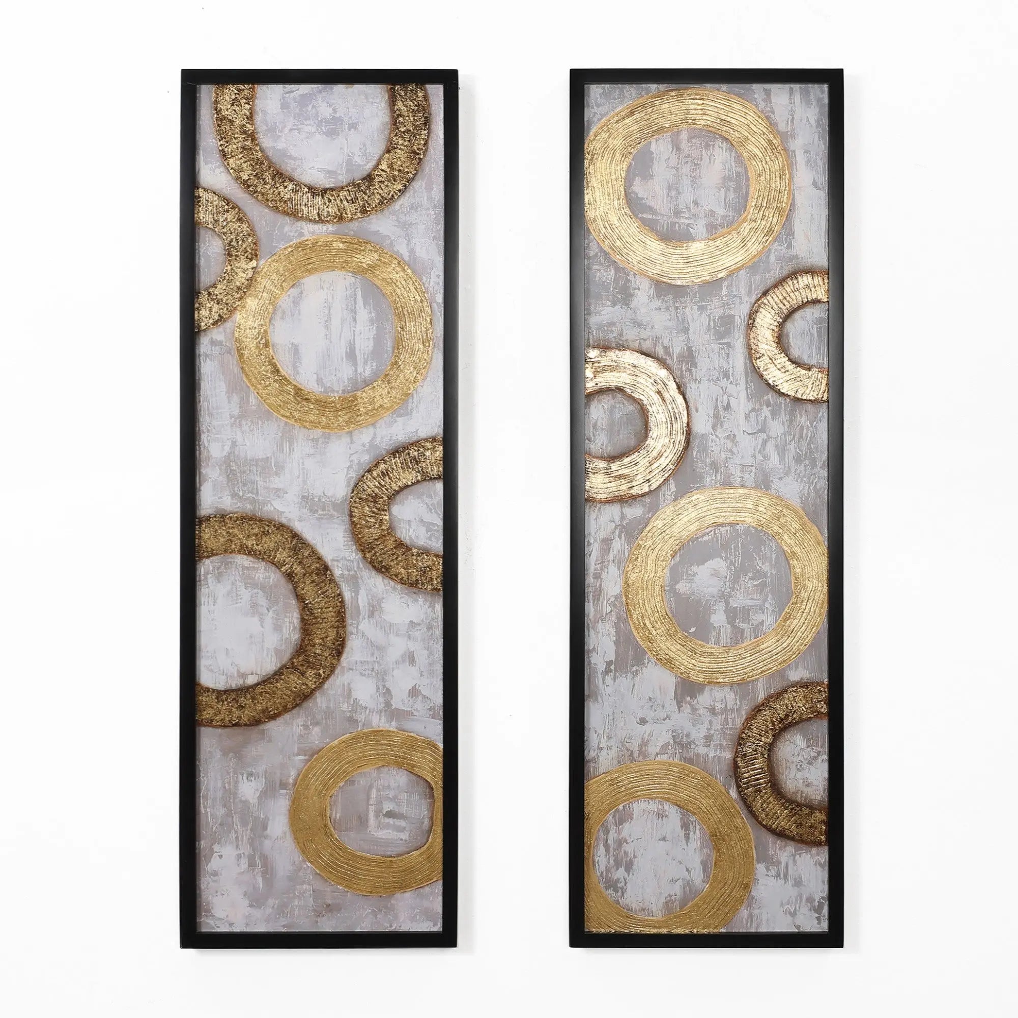 Two rectangular framed artworks, perfect for wall decor, showcase overlapping gold and bronze circular patterns on a textured silver background. This elegant gold metal design effortlessly enhances any home decor with its sophisticated blend of colors and textures.
