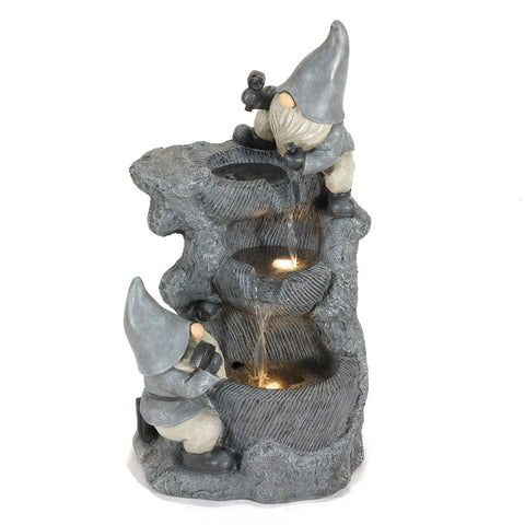Gray Resin Gnomes Rock Bowl Outdoor Fountain with LED Lights
