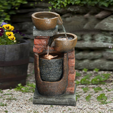 Bowls and Bricks Resin Outdoor Fountain with LED Lights