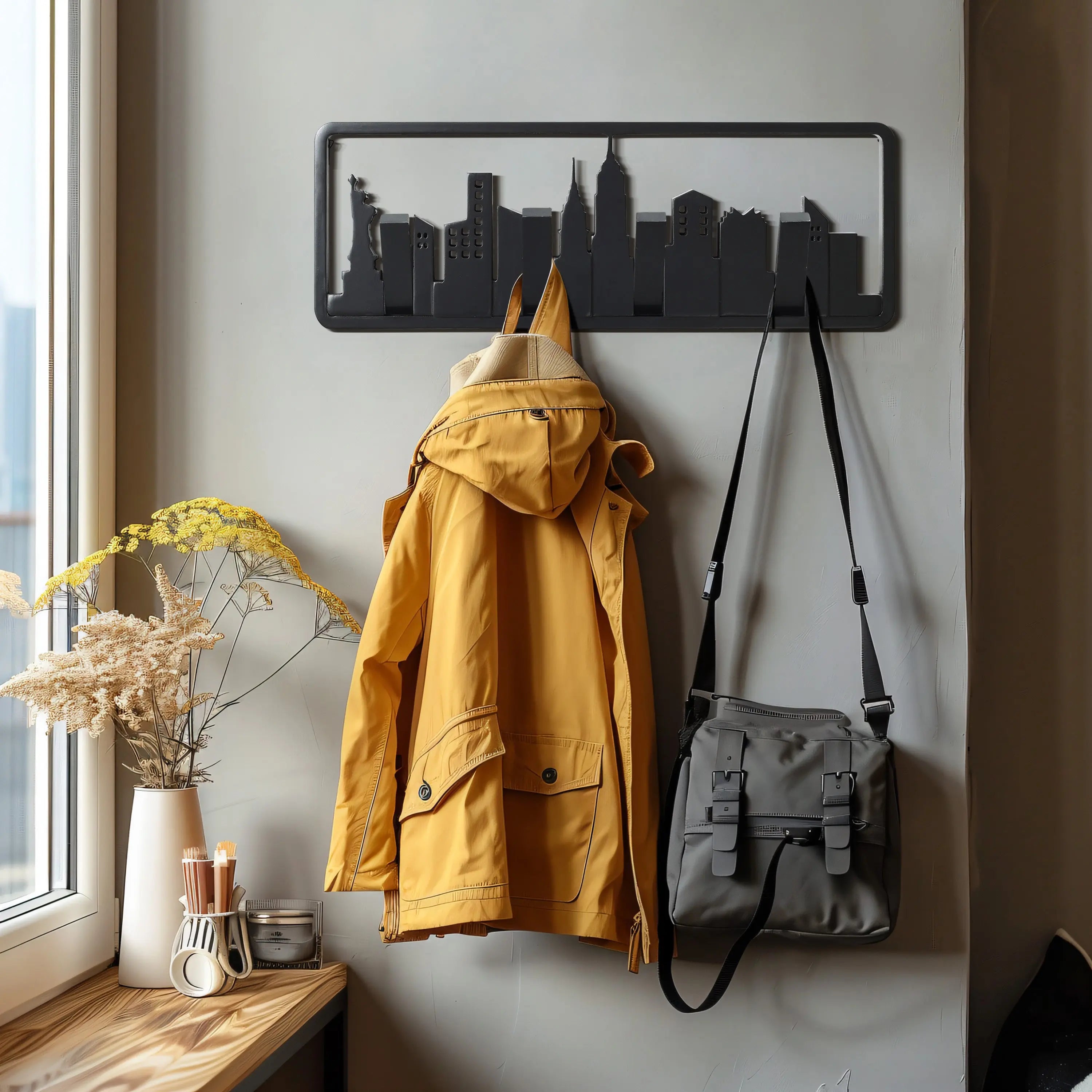 A yellow coat and gray bag hang on a wall-mounted coat rack, crafted from solid fir wood, shaped like a city skyline with flip-down hooks, beside a windowsill adorned with decorative items.