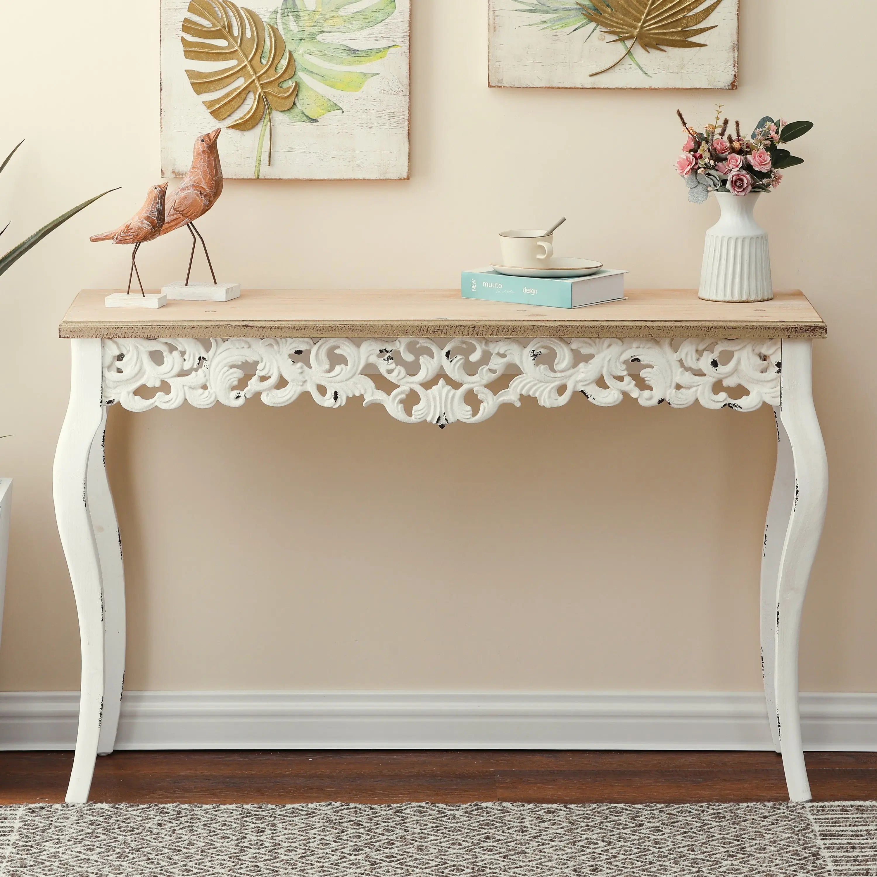 Victorian Off White and Natural Wood Console and Entry Table - LuxenHome
