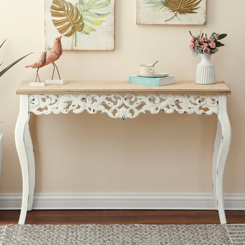 Victorian Off White and Natural Wood Console and Entry Table