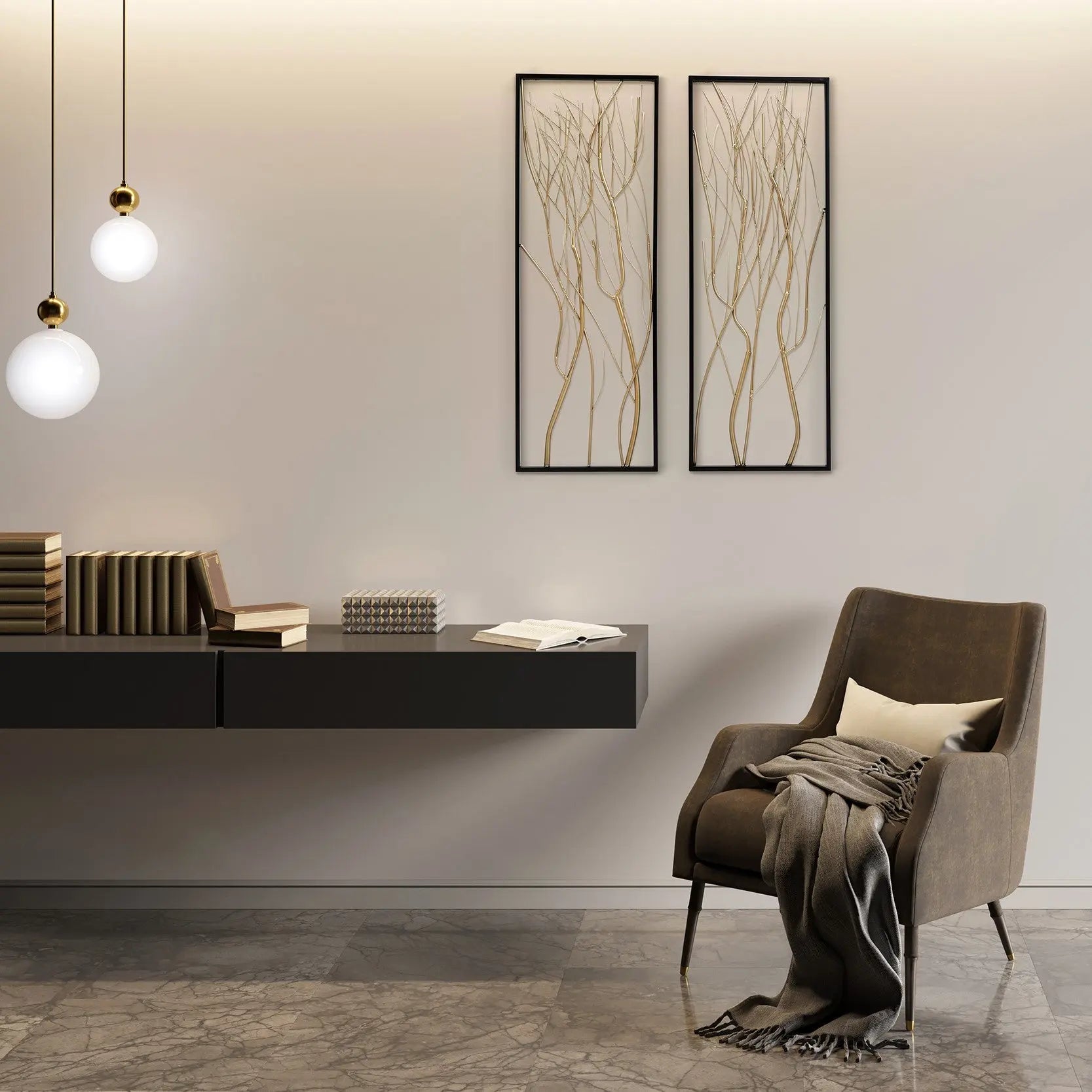 Modern living room with a gray armchair, blanket, cushion, floating shelf with stacked books, two pendant lights, and modern wall art as the focal point on a light gray wall.
