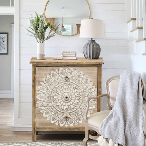 Natural Wood White Floral 3-Drawer Accent Chest