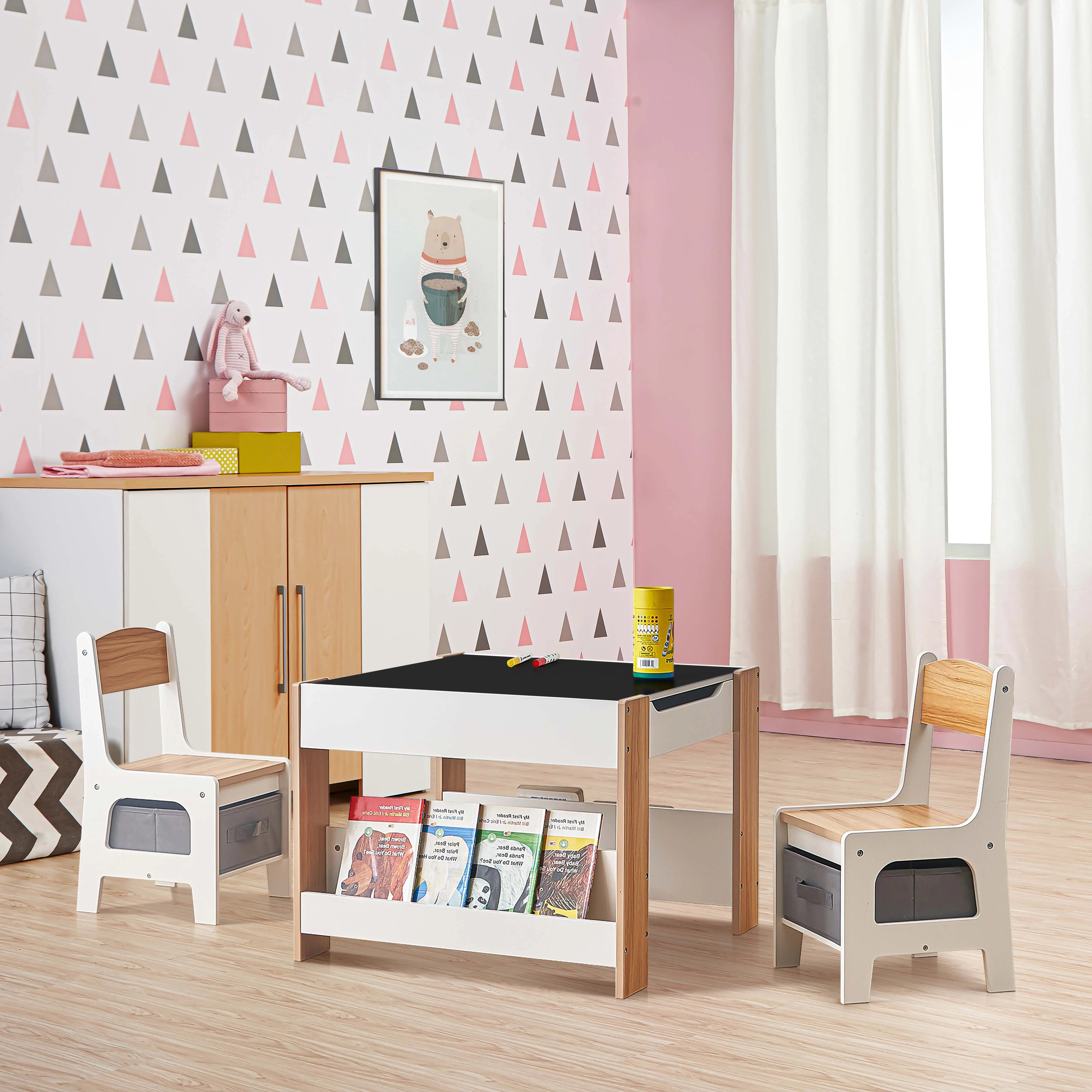 Kids Art Play Activity Table, White & Wood - LuxenHome