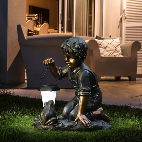 Farmstead garden statue, boy&frog, w/ solar light