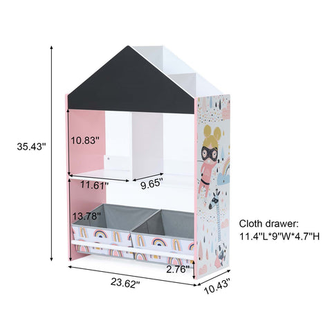 Children's Multi-Functional House Bookcase Toy Storage Bin Floor Cabinet with Blackboard, Pink