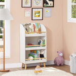 white-bookcase-with-wooden-shelves-filled-with-children's-books-and-toys