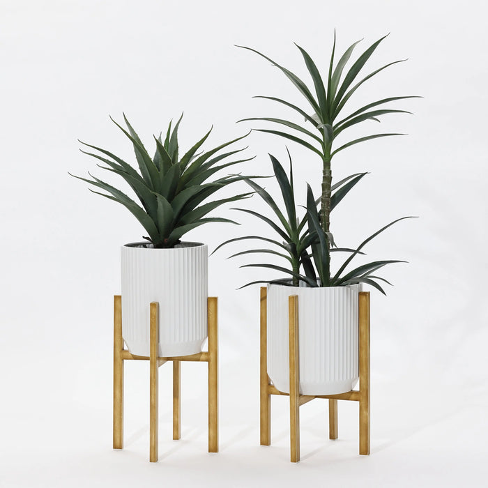 plant pot and stand indoor 2-Pc Textured Round White Metal Cachepot Planters with Gold Stands