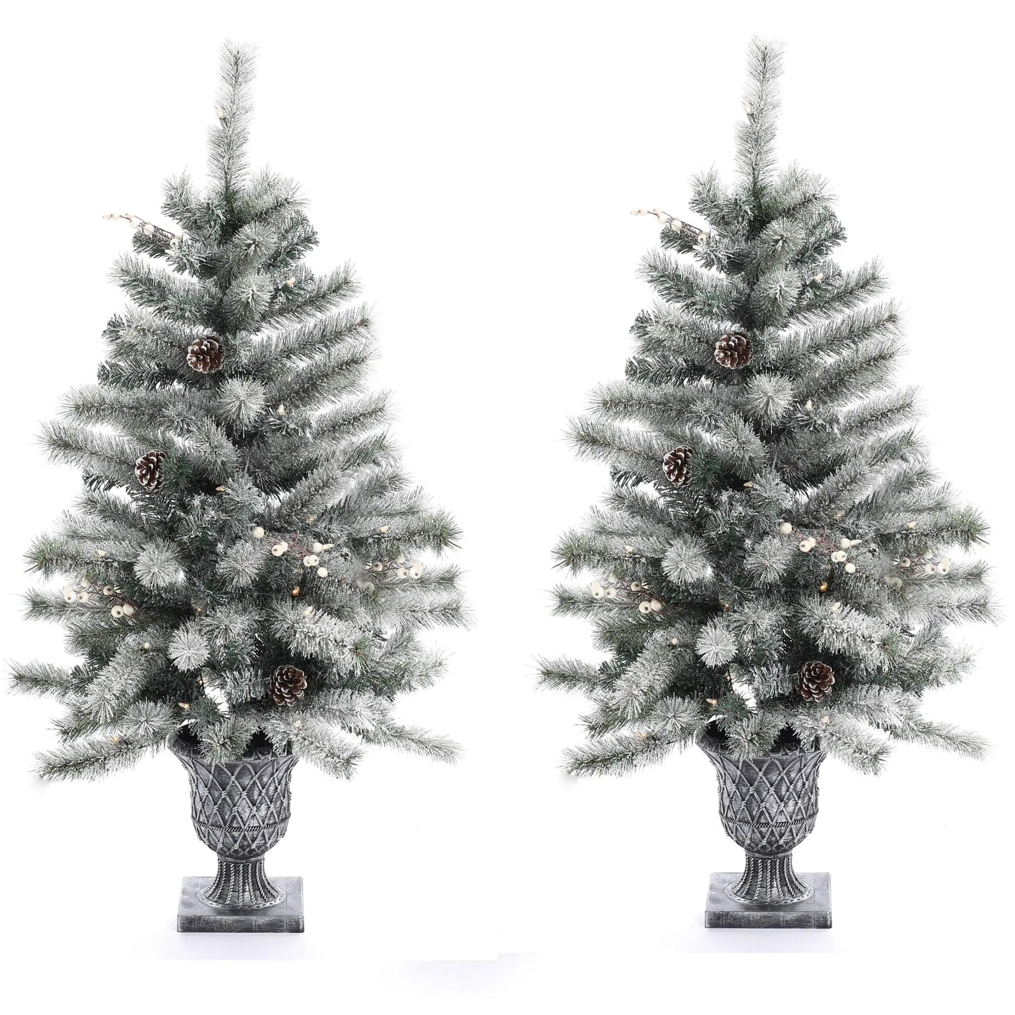 4ft-pre-lit-led-artificial-flocked-pine-christmas-tree-set-of-2-with-pine-cones-and-urn-pot