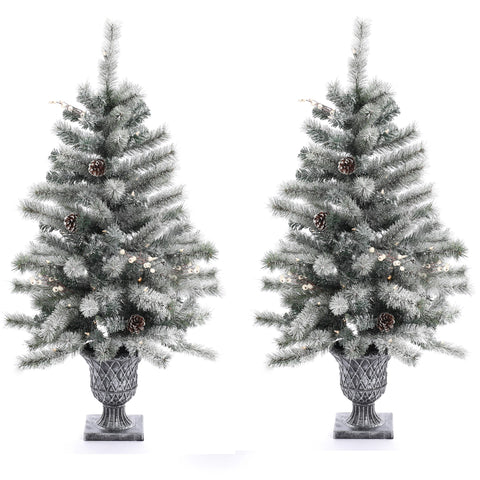 Set of 2 4Ft Pre-Lit LED Artificial Flocked Pine Christmas Tree with Pine Cones and Urn Pot
