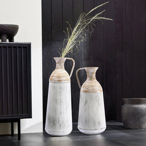 Set of 2 Distressed Off White and Rustic Brown Metal Pitcher Vase