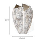 Tall ceramic vase with a textured white and gray finish, this decorative piece stands 12.2 inches high and 8.66 inches in diameter. It features a unique, asymmetrical open top reminiscent of a broken egg design.